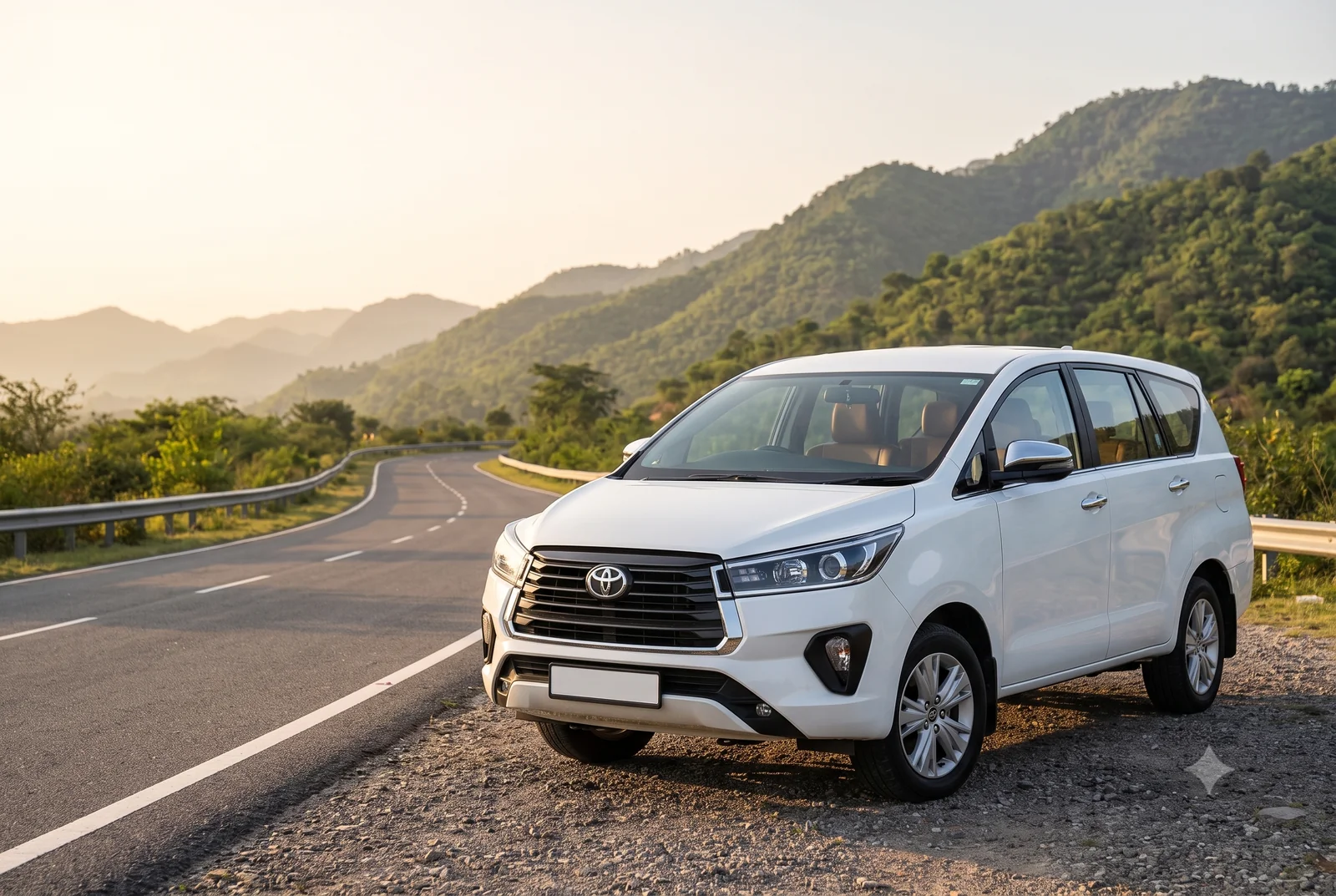 Illustrative front view of a white Toyota Innova on a mountain road